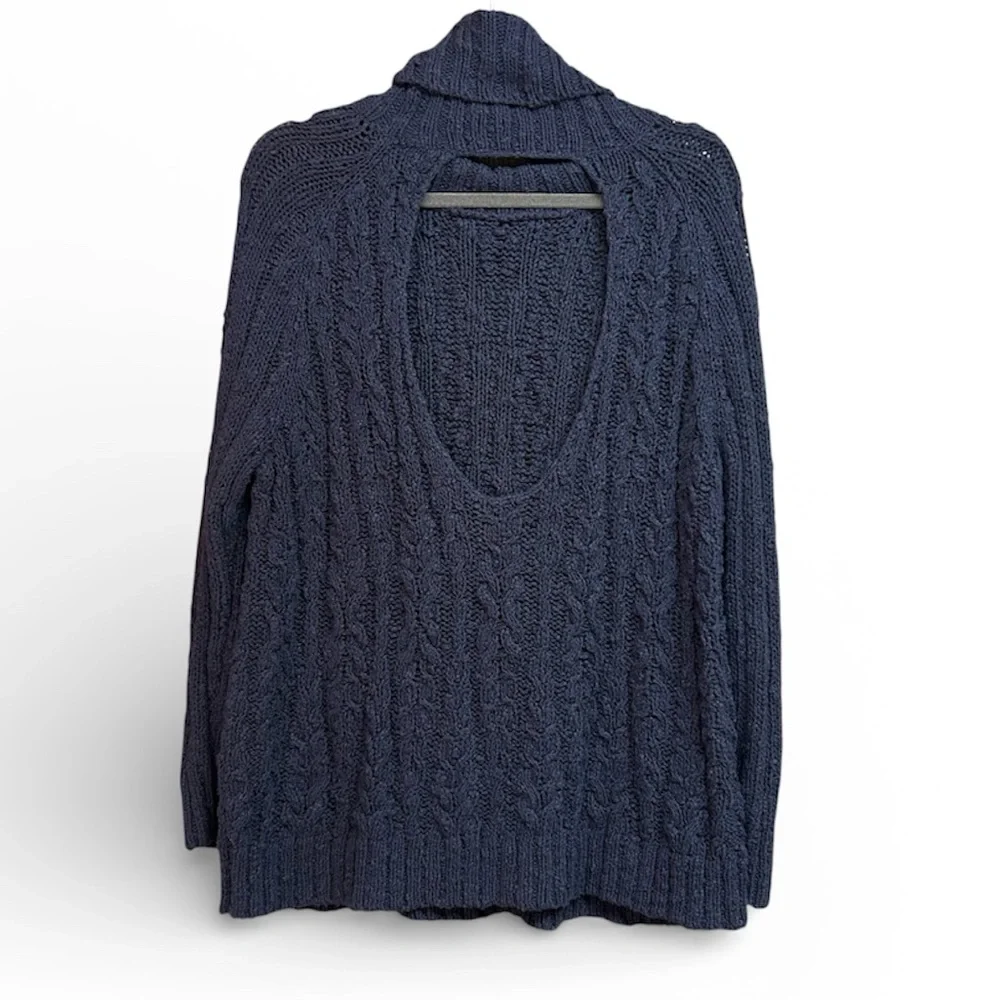 Free People Navy Oversized Cableknit Cowl Neck Open Back Sweater